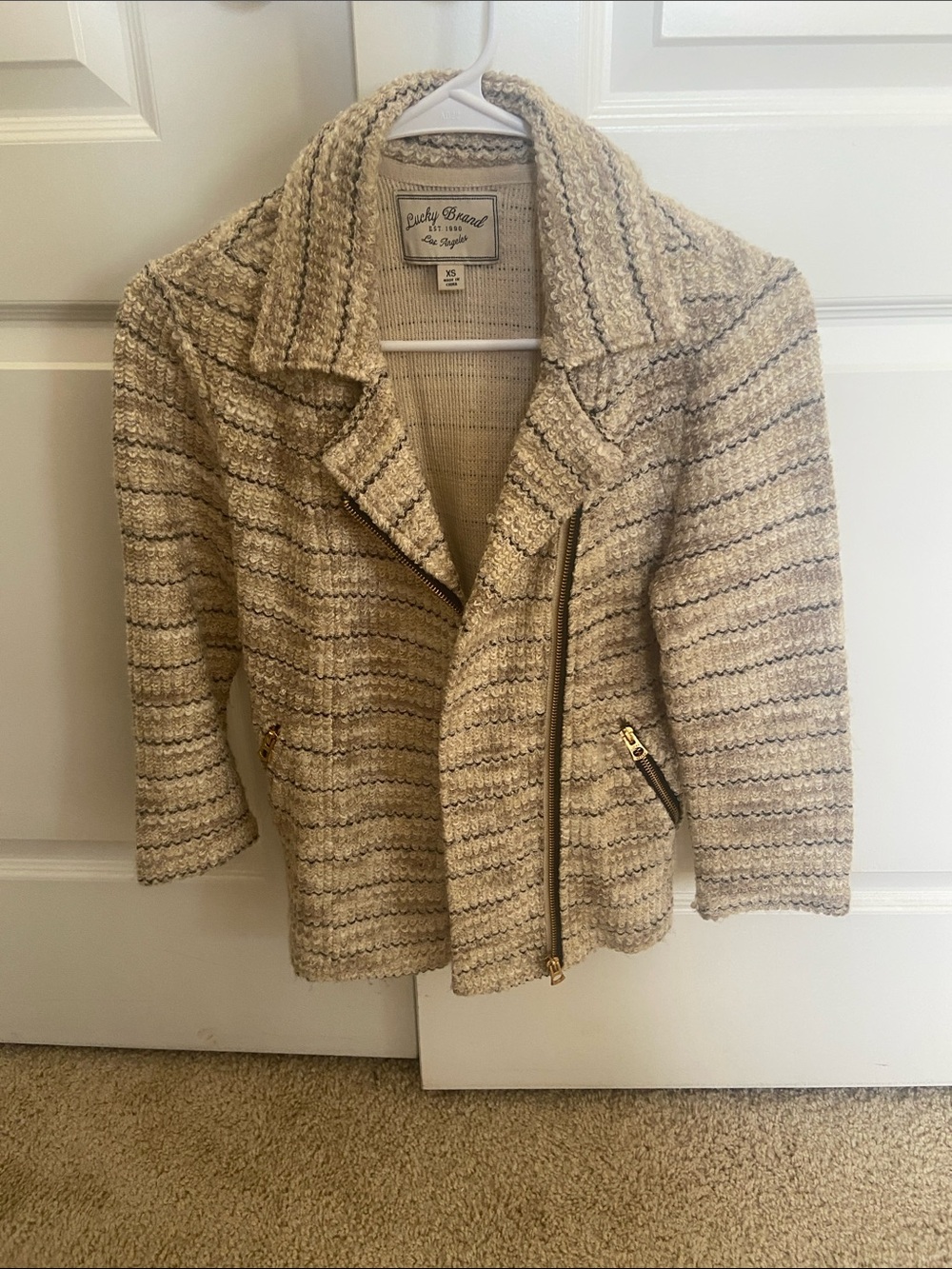 Lucky Brand Cream Textured Knit Moto Blazer